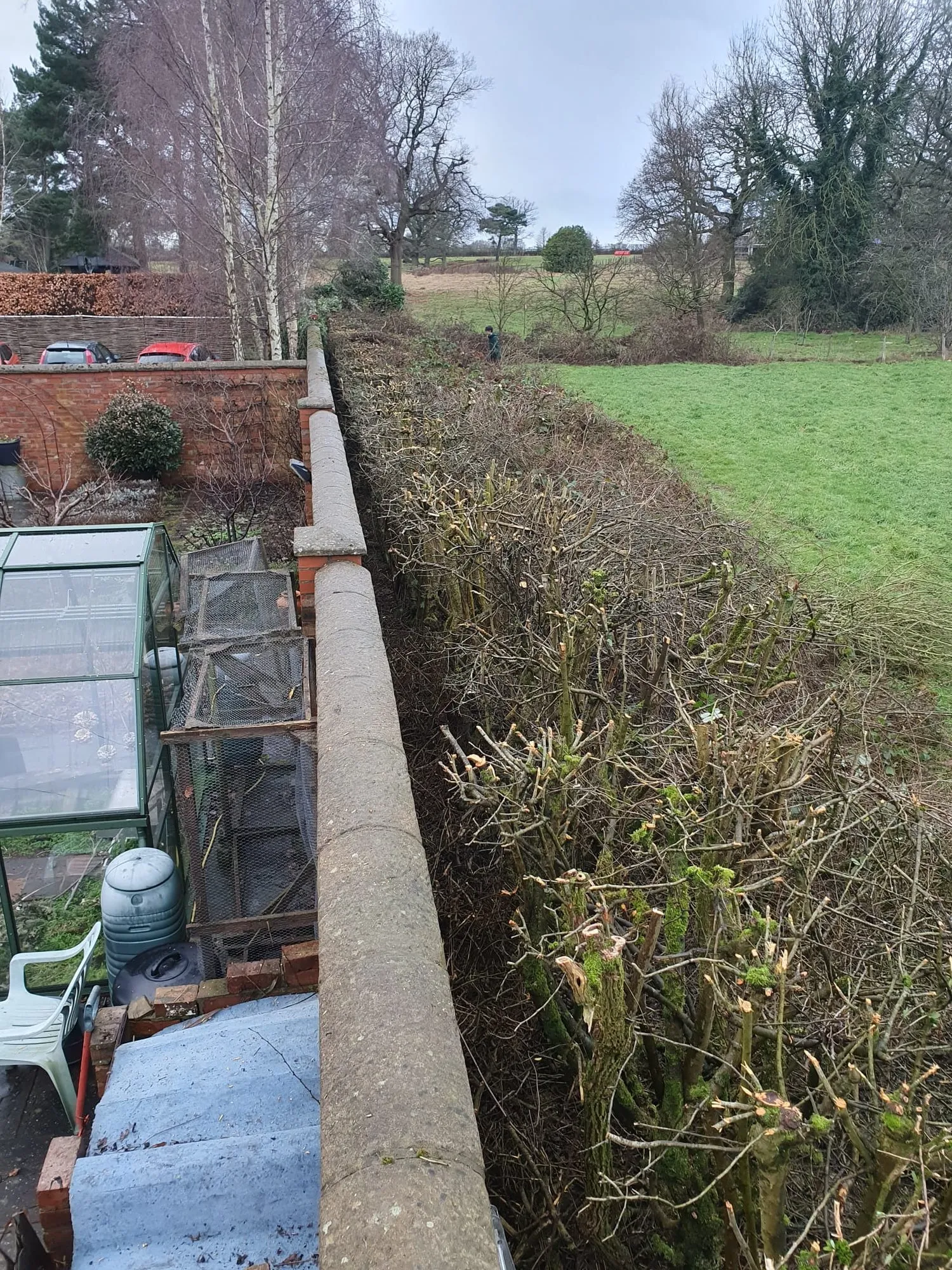 A garden area with a fence and a green field.
